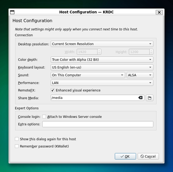 KRDC Host Configuration Window